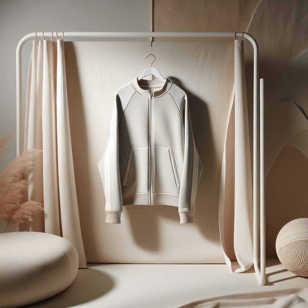 Minimalistisk scene med en moderne joggedress på kleshenger foran nøytral bakgrunn, myke teksturer, naturlig lys og et bærekraftig preg